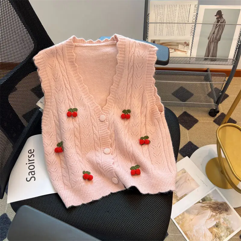 

2024 Small Fragrant Wind Three-dimensional Cherry Knitted Vest Cardigan Women New Autumn and Winter Loose Folded Sweater Vest