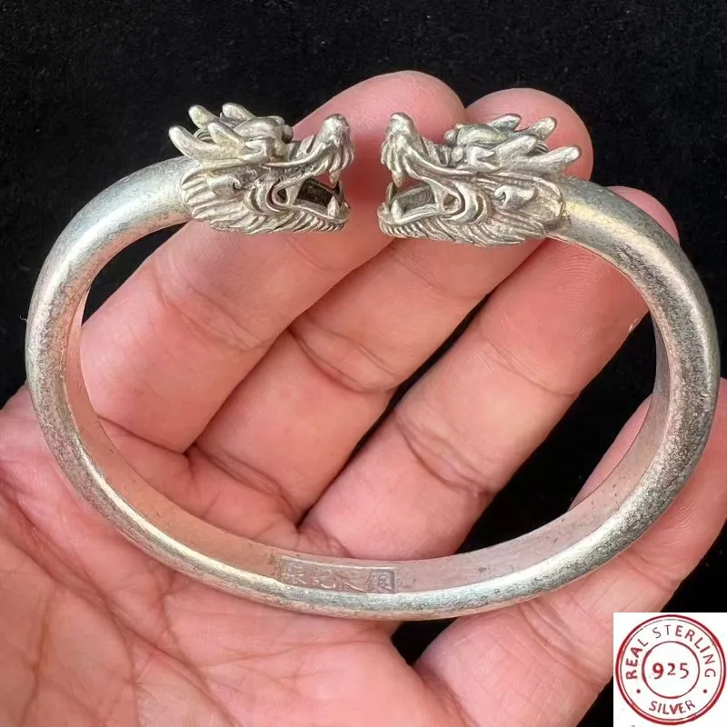 

925 Tibetan Silver Solid Smooth Open Bangle, Double Dragon Head, Ethnic Style Vintage Unisex Jewelry