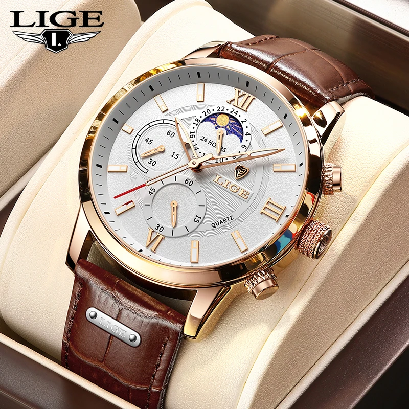 

2024 часы LIGE, мужские часы высшего бренда класса люкс, повседневные кожаные часы с 24 часами фазы Луны, мужские часы, спортивные водонепроницаемые кварцевые хронографы + коробка
