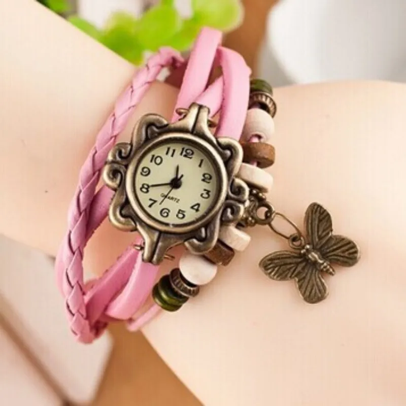 Hot selling vintage watch in foreign trade, fashionable cowhide wrapped women's watch, sunflower butterfly pendant, student watc