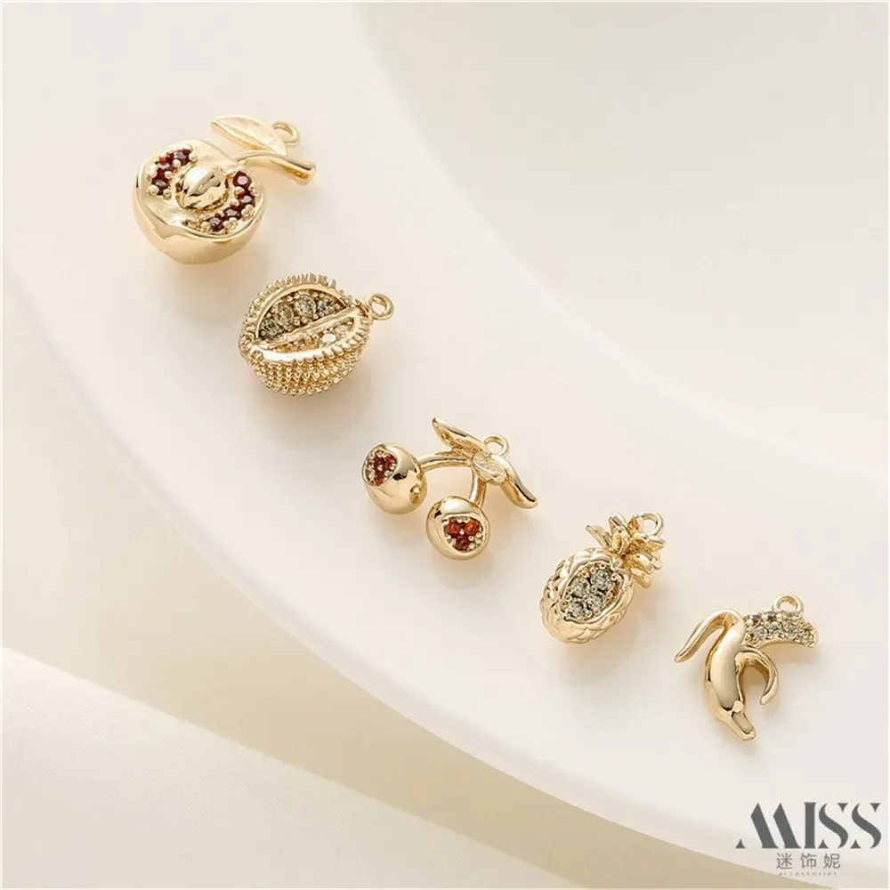14K Gold Color Retention Fruit Series Pendant DIY Pineapple Durian Apple Banana Cherry Bracelet Necklace Charm Accessories
