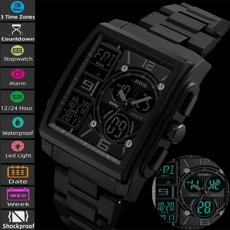 Skmei-Reloj de pulsera deportivo para hombre, cronógrafo de cuarzo con pantalla Digital analógica, tres zonas horarias, LED, resistente al agua, despertador de moda