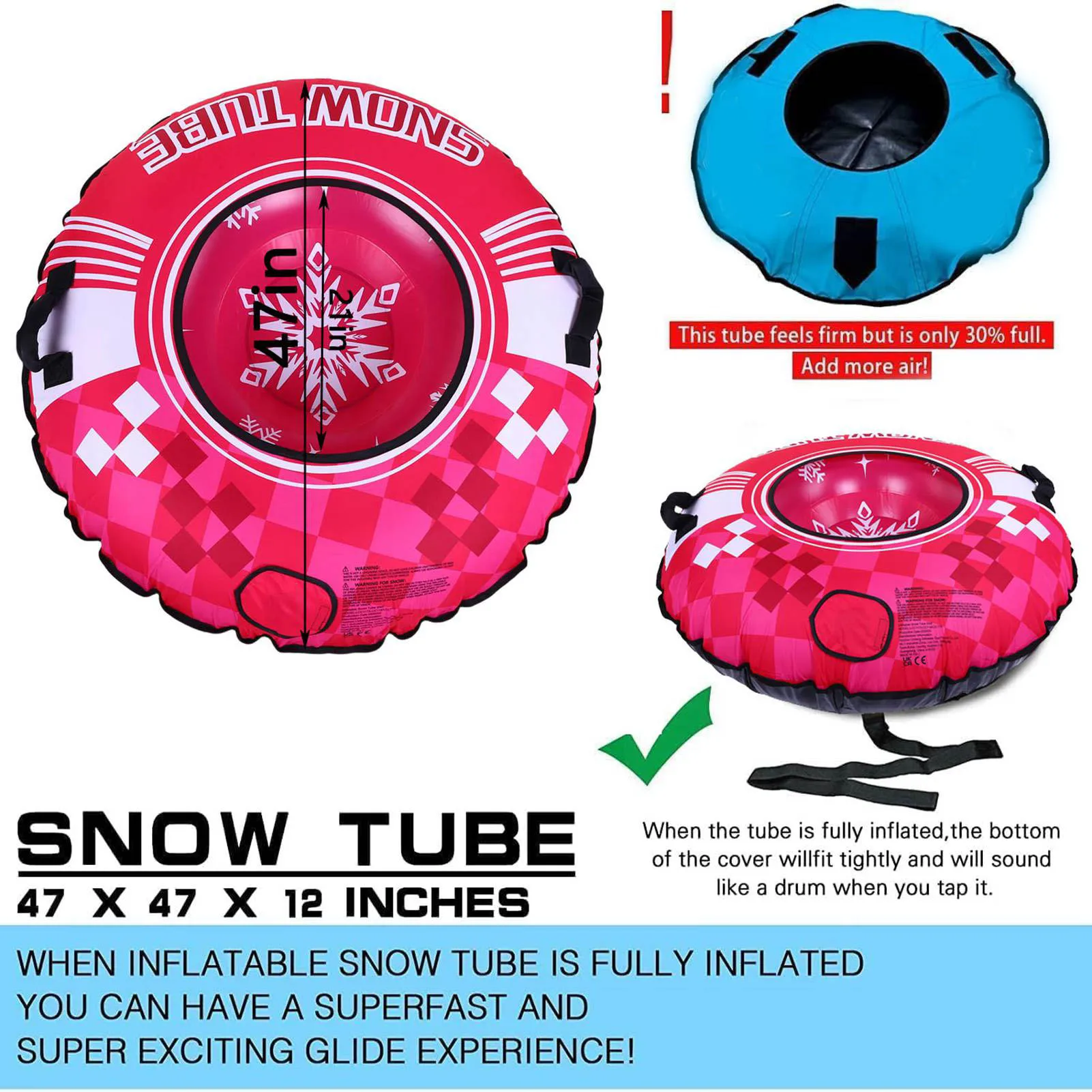 

43inch Snow Tube Red Cold Proof Thickened PVC Inflatable Snow Sled with 2 Handles for Winter Outdoor Snow Tube with Handles