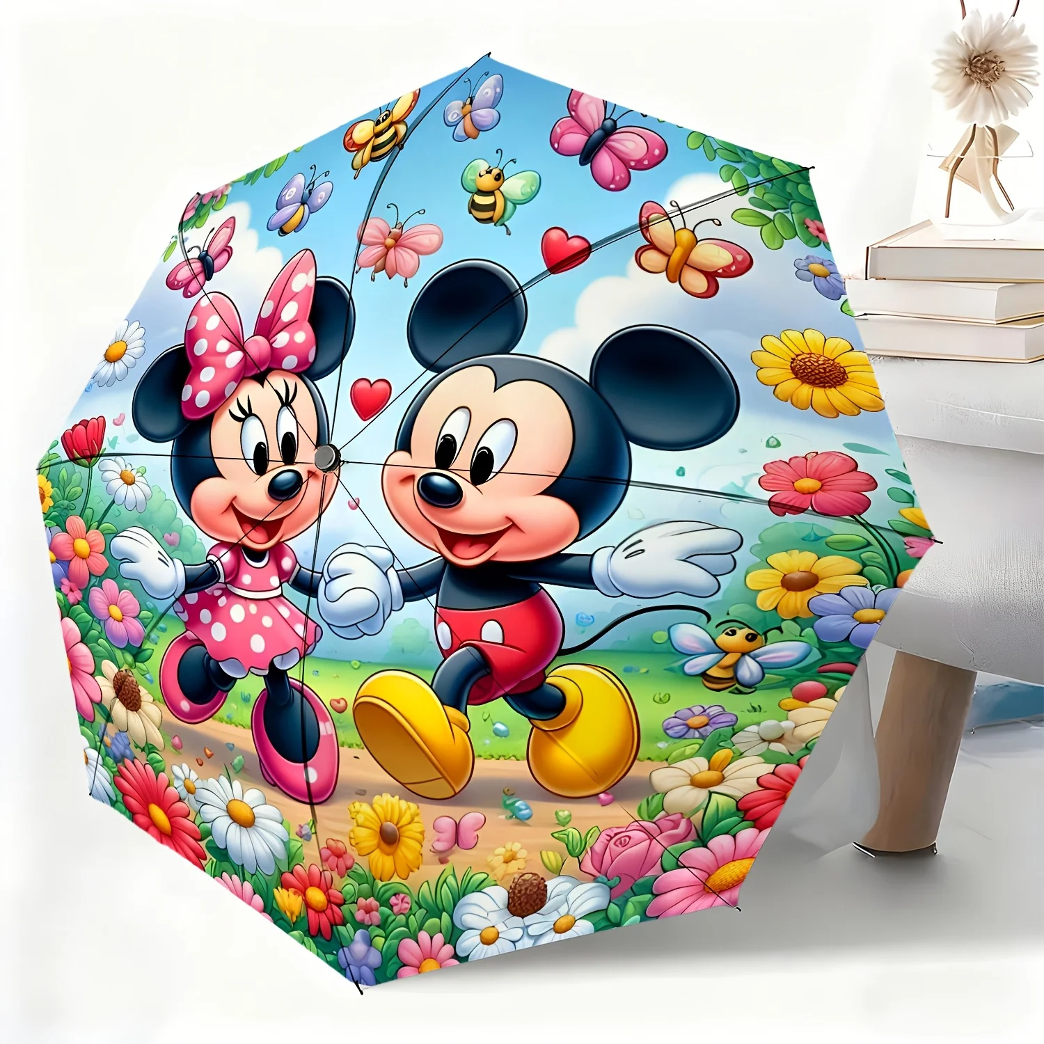 

1pc Disney Mickey and Minnie Cartoon Design Automatic Umbrella, All-Weather Folding Umbrella for All Occasions, Portable Compa