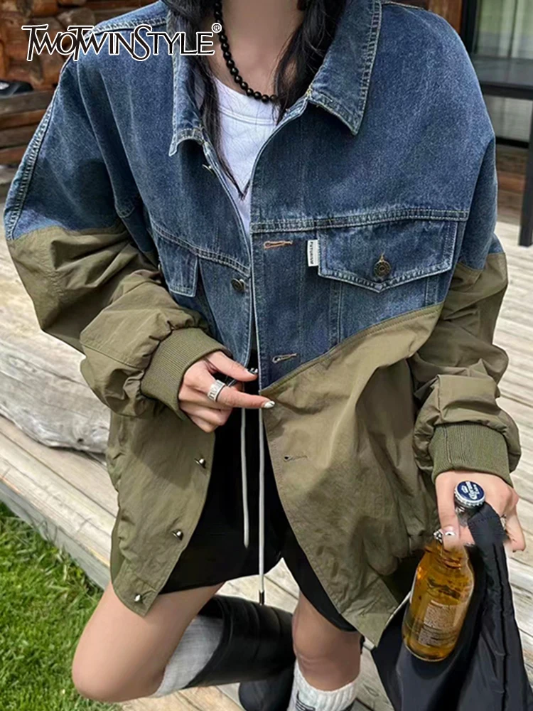 

TWOTWINSTYLE Colorblock Casual Jackets For Women Lapel Long Sleeve Patchwork Single Breasted Vintage Jacket Female Fashion Style