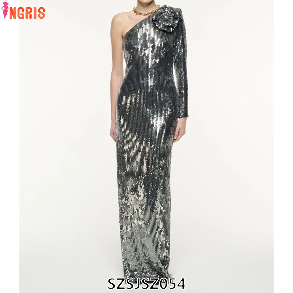 

New Arrivals Dropshipping Women Ladies Hot Fashion Single Sleeve Silver Sequin Floor Length Party Gown Dress-SZSJSZ054