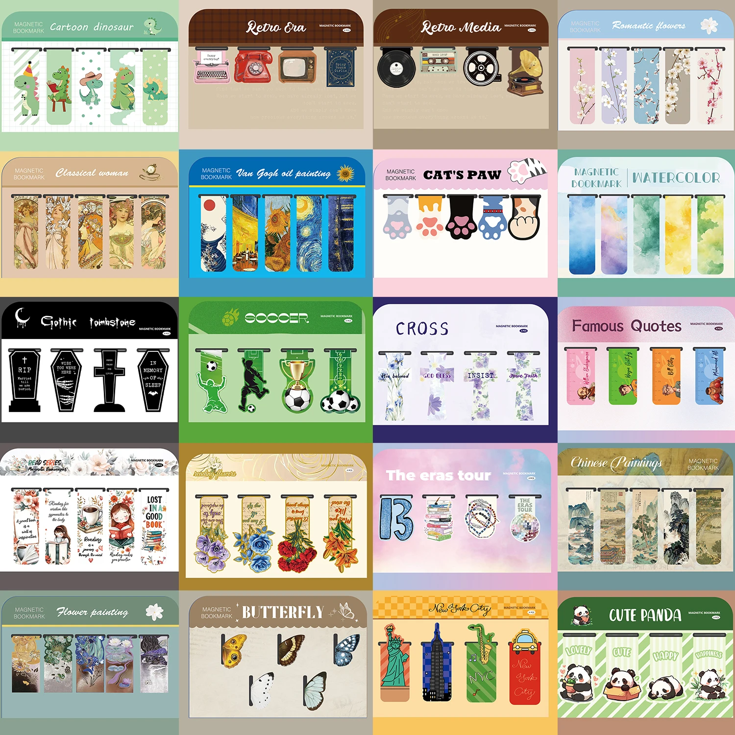 4/5pcs Combination Cat Claw Panda Dinosaur Landscape Oil Painting Bible Inspirational Quotes Magnetic Bookmark DIY Bookclip