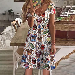 Disney Ladies Clothing Dress Summer Casual Bohemian Print V Neck Short Sleeve Mickey Mouse Street Style Simple Clothing