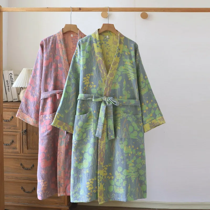 

Women's Printed 100%Cotton Loose Fitting Bathrobe Japanese Style Kimono with Belt Bathrobe Women Sweat Steaming Pajamas Robes