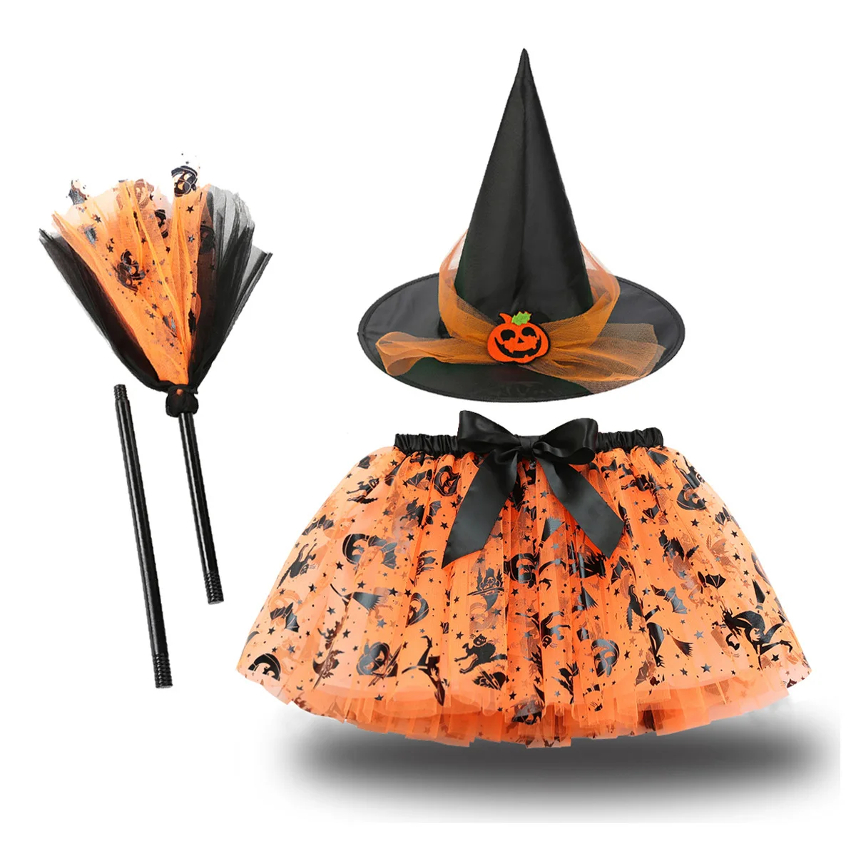 

Halloween Girls Witch Costume Tutu Skirt Set 3 Pieces with Pointed Hat Broom Dress Up Kids Pumpkin Print Holiday Parties Outfits