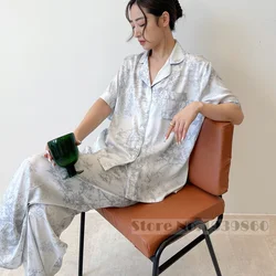 Fashion Elegant Female Pajamas Lounge Wear Set Sexy Print Flower Sleepwear Trouser Suits Spring Summer Loose Satin Home Wear