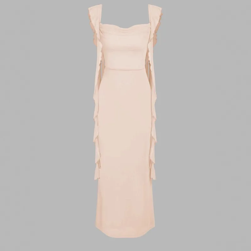 فستان نسائي صيفي جديد موديل 2025 برقبة مربعة بدون أكمام مكشكش وجانبي مطوي أخضر فاتح بقصة ضيقة فستان أنيق #2