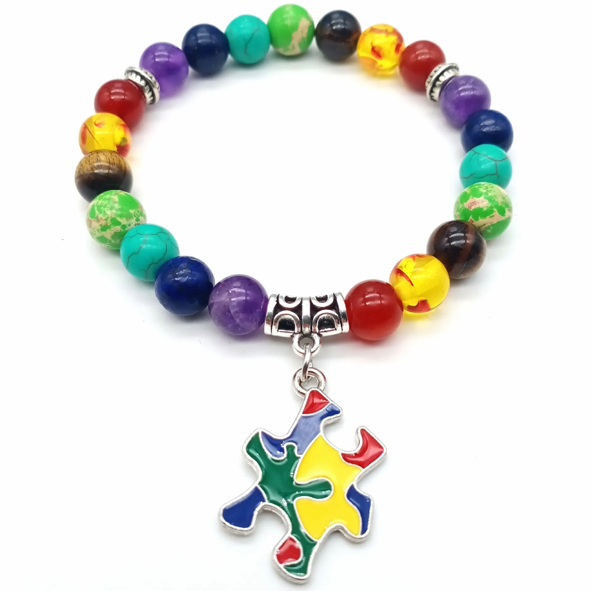 Handmade Multicolor Natural Stone Beaded Bracelet with Autism Awareness Ribbon Pendant Yoga Gift for Women