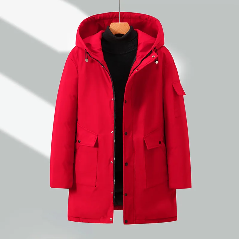Man Coat Winter Thicken Cold-proof Mid Length Male Jacket Simple Solid Color Long Sleeve Pocket Zipper Hooded Men Outerwear
