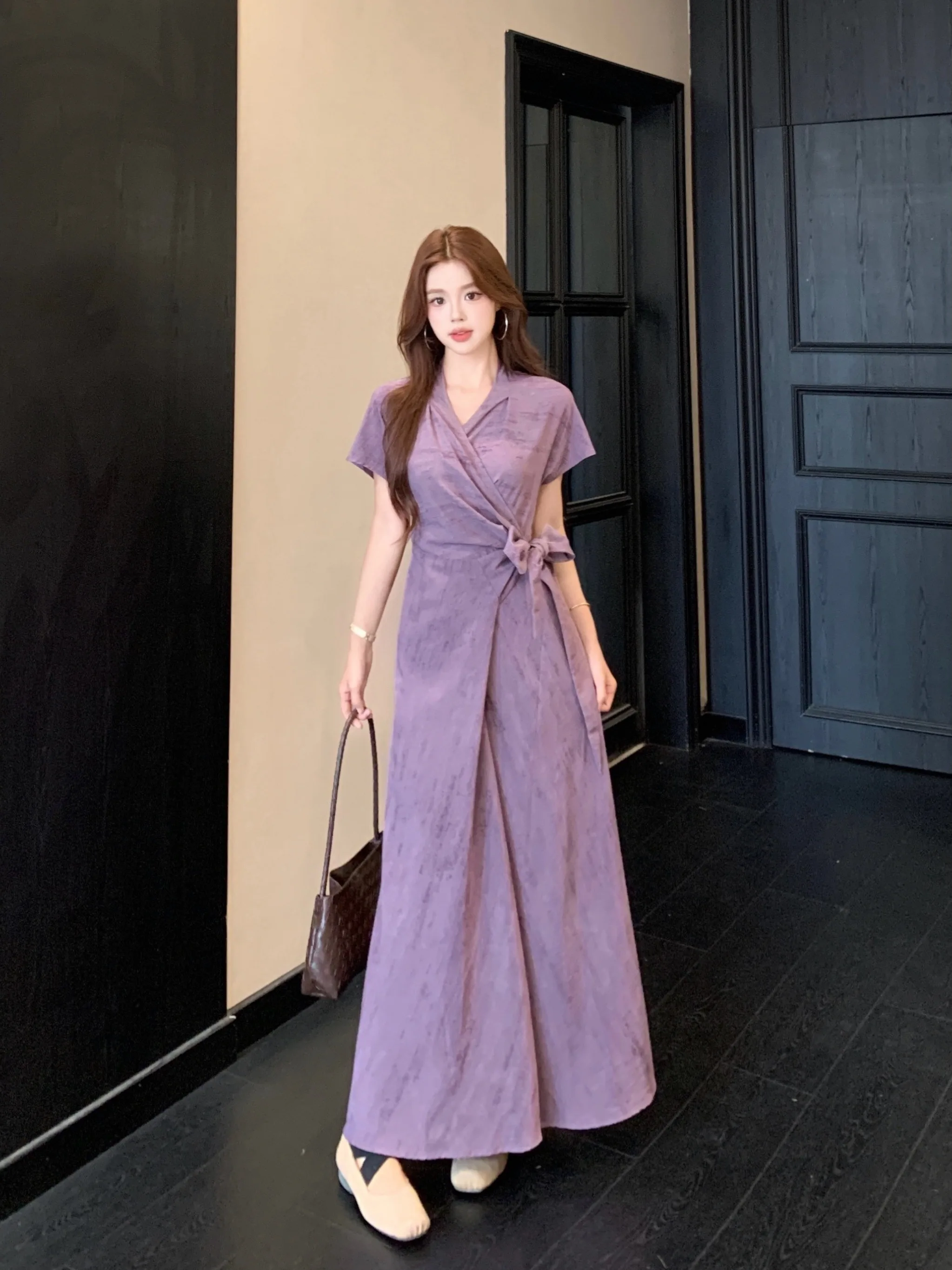 

plus Size Women's Purple V-Neck Short Sleeve A-Line Long Dress Summer New Style Waist-Cinching Belted Dress Commute Fashion
