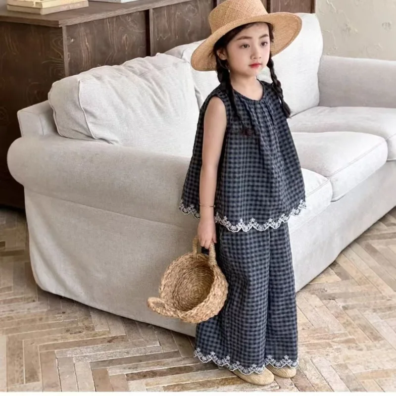 

Girls' Summer Outfit New Kids Temperament Plaid Lace Vest+Wide Leg Pants Two-piece Set Trendy Children's Clothing Sets