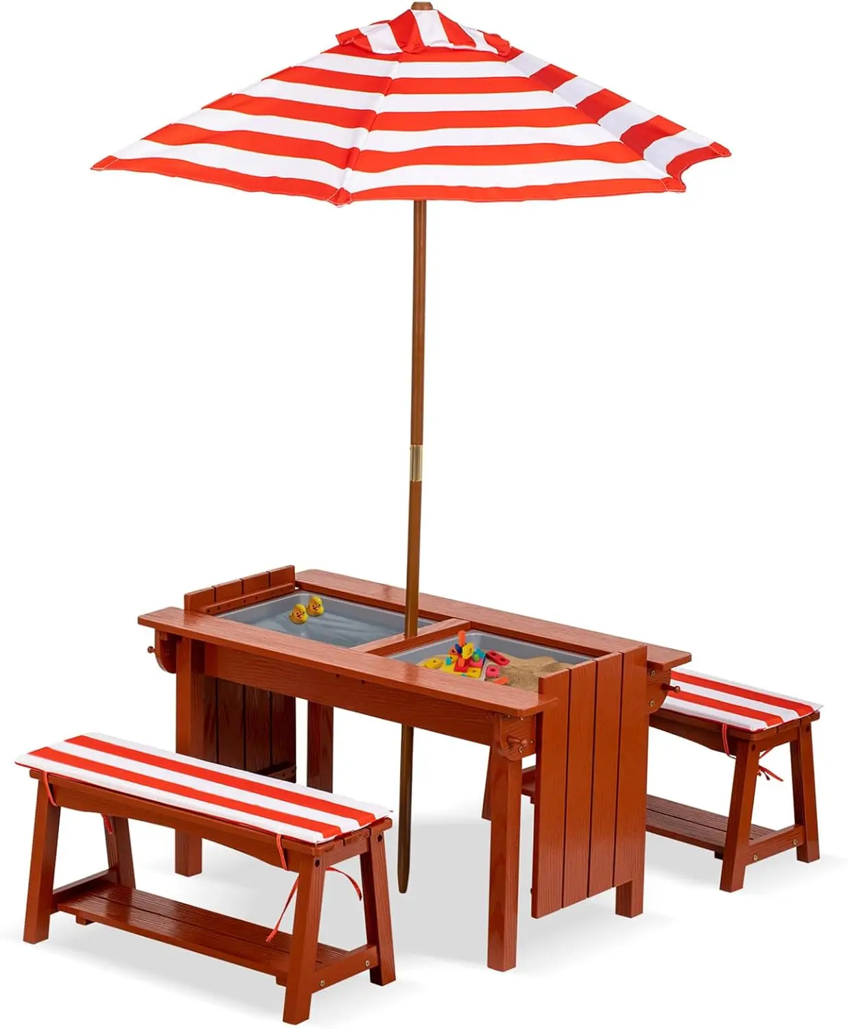 

Kids Picnic Table with Umbrella, Outdoor Wooden Table & Bench Set w/Cushions & 2 Removable Boxes, 4-in-1 Children Sand