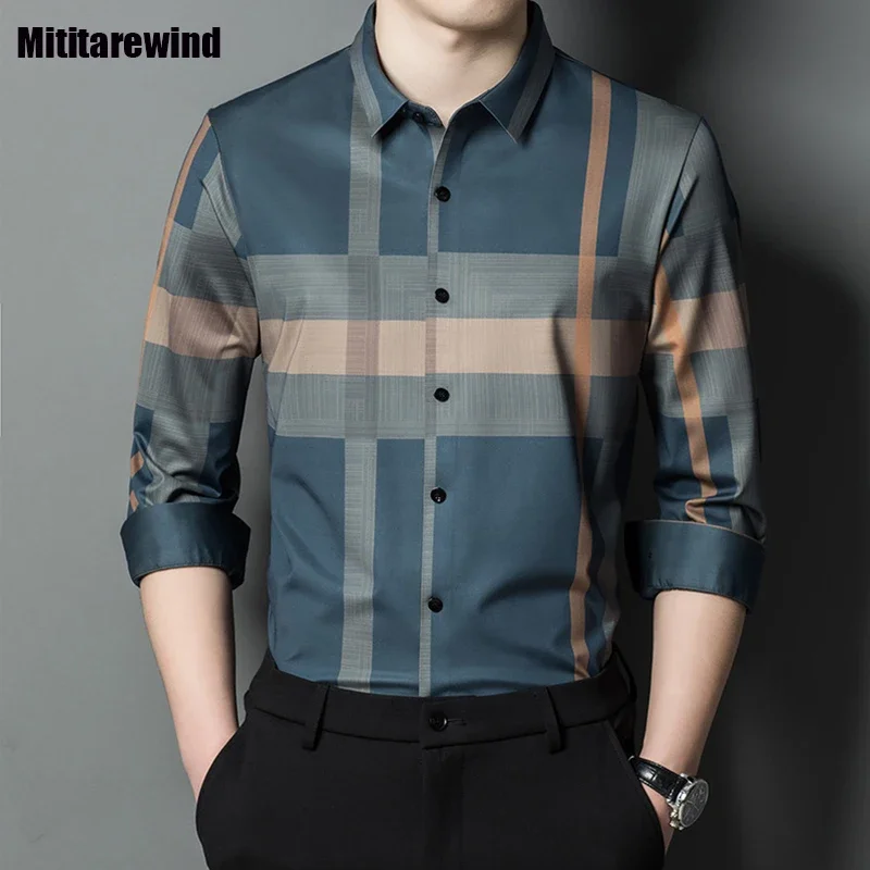 Spring Summer Mens Long Sleeve Shirts Business Casual Seamless No-iron Shirt Korean Fashion Plaid Shirt Mens Designer Clothes