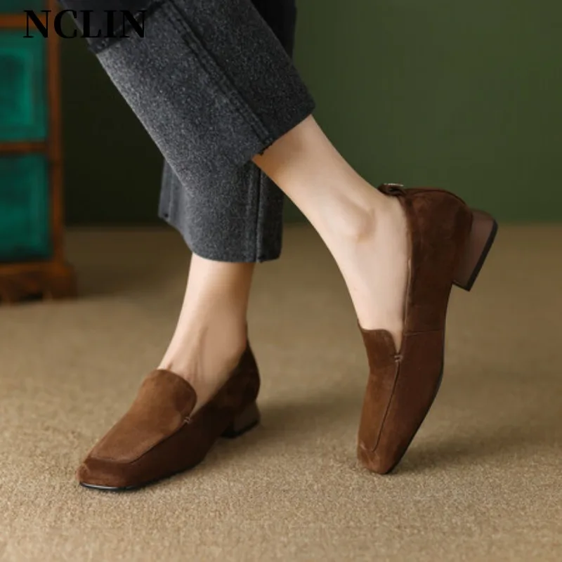 

New Spring Women Pumps Sheep Suede Women Shoes Casual Square Toe Loafers Chunky Heel Slip-On Shoes For Women Zapatos De Mujer