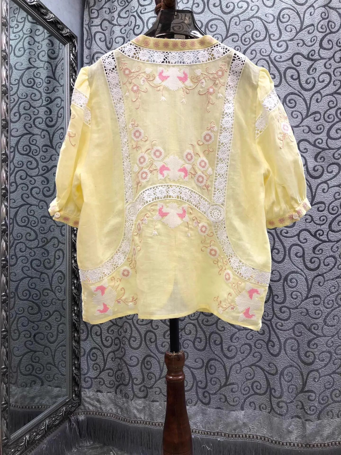 100%Linen Blouse Shirts 2025 Summer Women Allover Hollow Out Lace Embroidery Short Sleeve Casual Vintage Tops Yellow Shirts