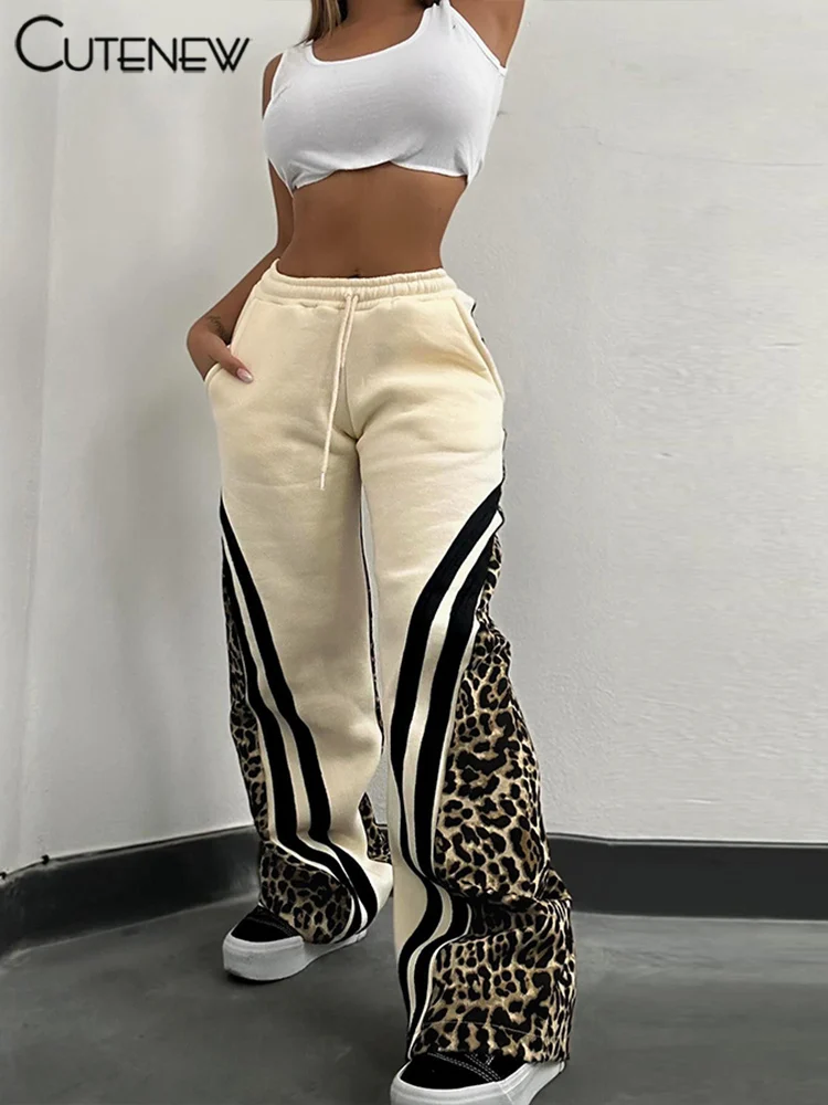 Cutenew Printed Patchwork Women Trousers 2024 Basic Stripe Unique Attractive Elastic Waist Loose Pants Female Casual Activewear