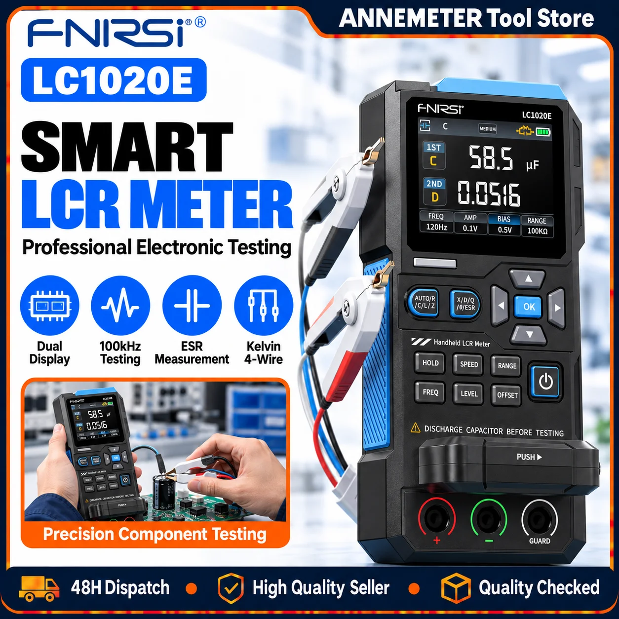 Digital LCR Meter Handheld Component Tester – ESR Capacitance Inductance Resistance Measuring Tool with Kelvin Test Leads