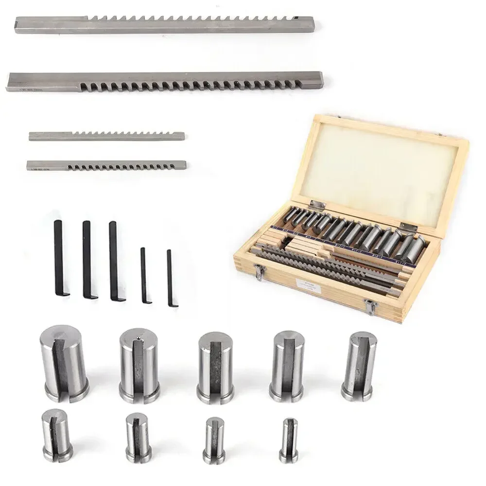 ​​Complete Keyway Broaching Kit 18 Pieces 1/8" 3/16" 1/4" 3/8" Broaches with Collared Bushings for Metalworking​​