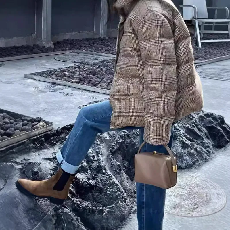 

YYAHAHAS 2025 New Korean Fashion Plaid Jacket with Stand Up Collar Silhouette for Women Thickened and Loose Casual Parkas