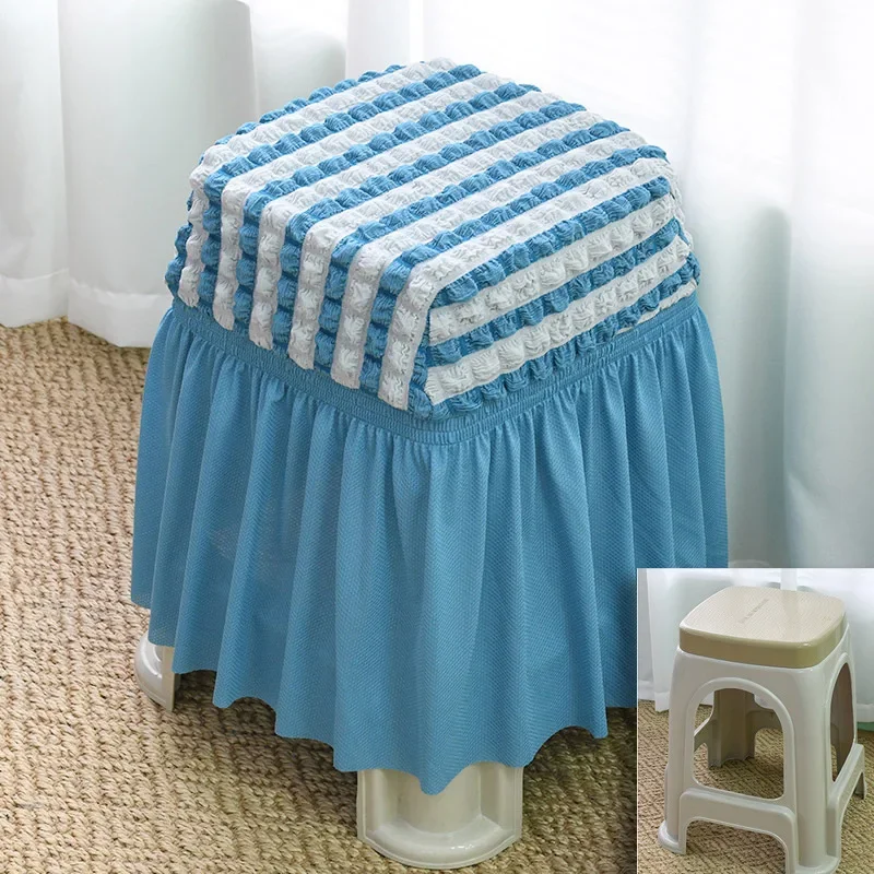 3D Bubble Grid Ruffled Seersucker Sofa Stool Cover Solid Color Spandex Ottoman Footstool Skirt Dustproof Furniture Protector