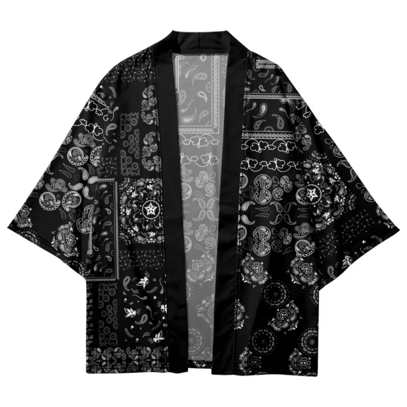 Loose Cashew Flowers Printed Black Kimono Beach Shorts Cardigan Casual Couple Women Men Haori Yukata Streetwear