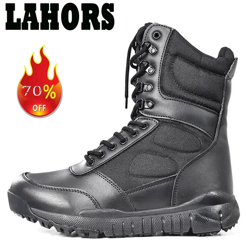 LAHORS-Botas tácticas de cuero de vaca para hombre, botines de combate para el desierto, senderismo al aire libre