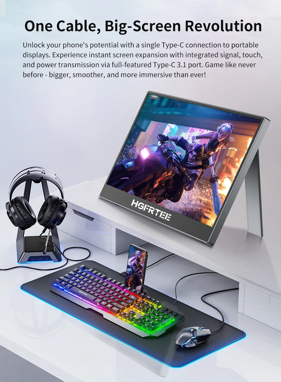 HGFRTEE 11,9 Zoll tragbarer Monitor 100 % sRGB 1080P mit 60 Hz USB-C und HDMI externes Display für XBox PS5 Switch Loptop Zweiter Bildschirm – Detail 7