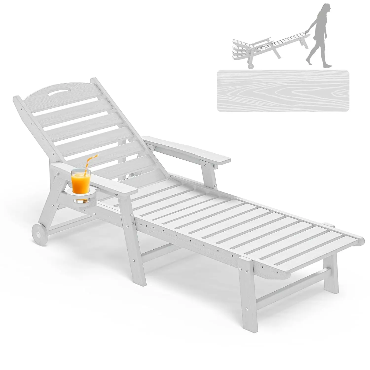 

Oversized Patio Chaise Lounge, 5 Positions Adjustable HDPE Outdoor Lounge Chair with Rolling Wheels & Cup, Customized