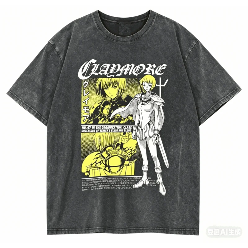 Claymore Graphic T‑Shirt Clare No.47 Manga Print Men Women Casual Short Sleeve Unisex Streetwear Washed Dark Fantasy Tees Tops