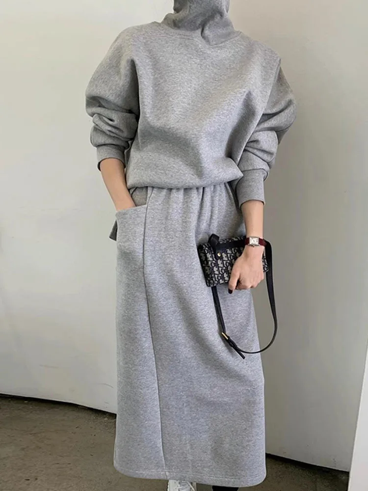 

Autumn Sweatshirts Women Thick Half Skirts Two-piece Pullover Fashion Suit Winter Zipper Stand Colloar Pockets Clothes Top