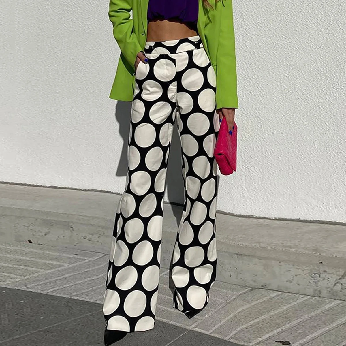 

Yeezzi Urban Female Fashion White Black Polka-Dot Wide Leg Pants 2024 Spring Summer High Waisted Casual Office Trousers Bottoms