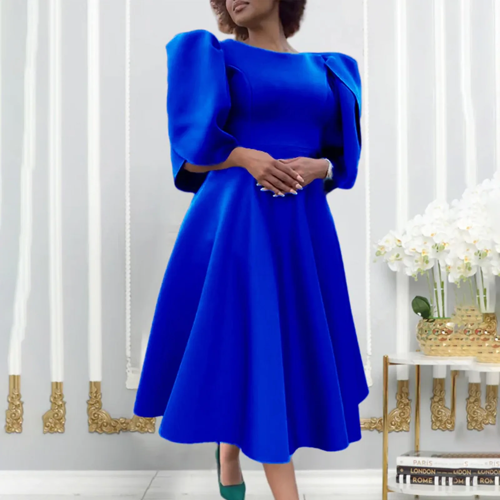 Elegant Dress Woman 2024 Wedding Party Round Neck Half Sleeve High Waisted  Pleated Mid Calf Luxury Birthday Dinner Vestidos Robe - AliExpress 200000345