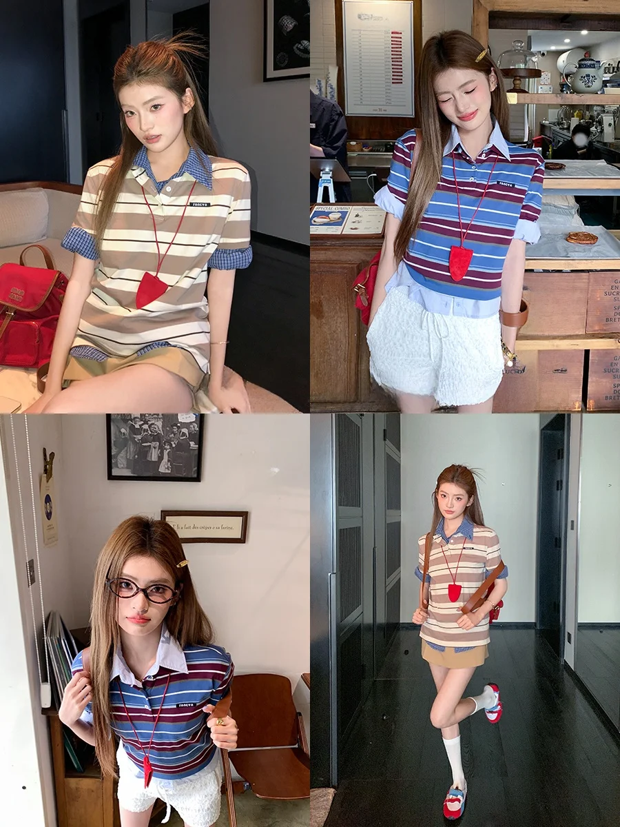 

Summer Slim Fit Loose Women's T-irt Casual Stripe Design Color Blo ort Sve Knitted Top for Travel op Commuting...