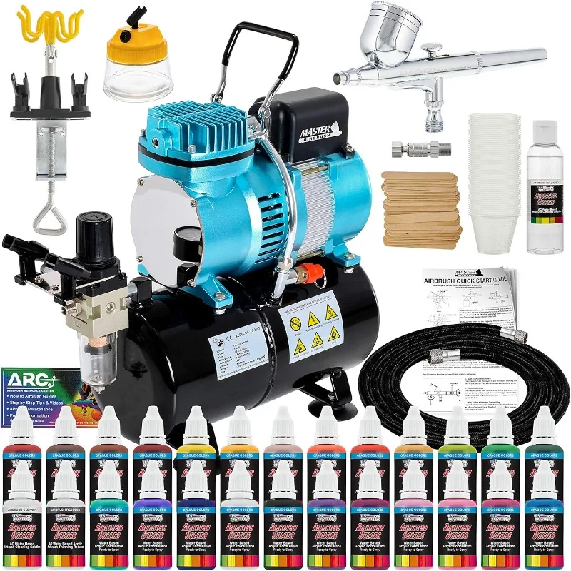 Cool Runner II Dual Fan Air Tank Compressor System Deluxe Kit with Gravity Feed Airbrush, 24 Color Acrylic Paint Artist Set