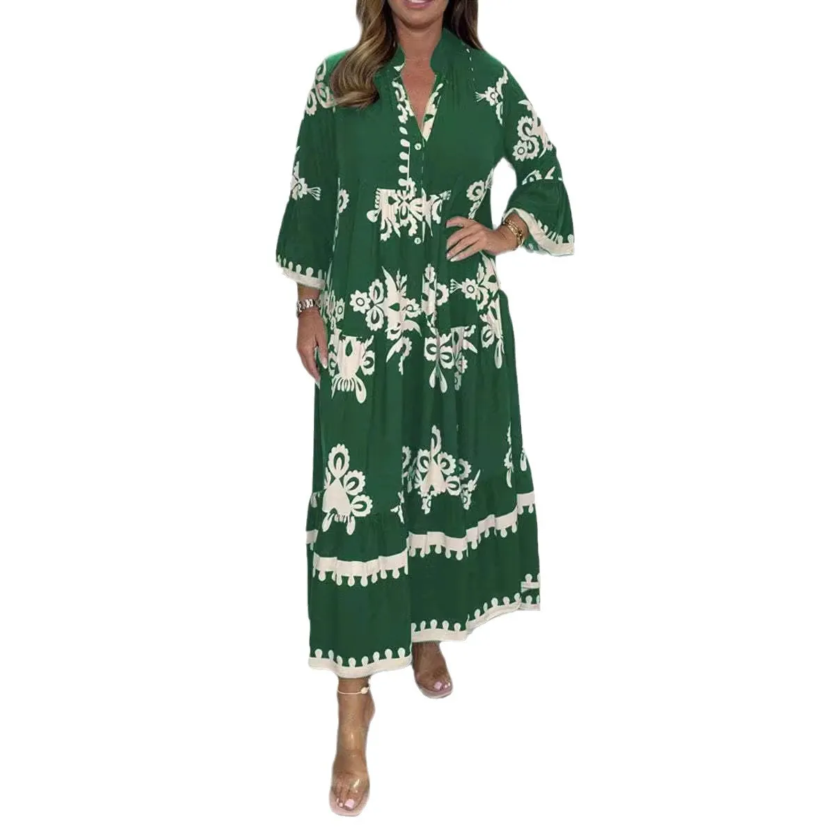 Robe décontractée à manches longues pour femmes, imprimé bohème, ample, col en v, Style confortable pour la maison, élégante, nouvelle collection automne 2025