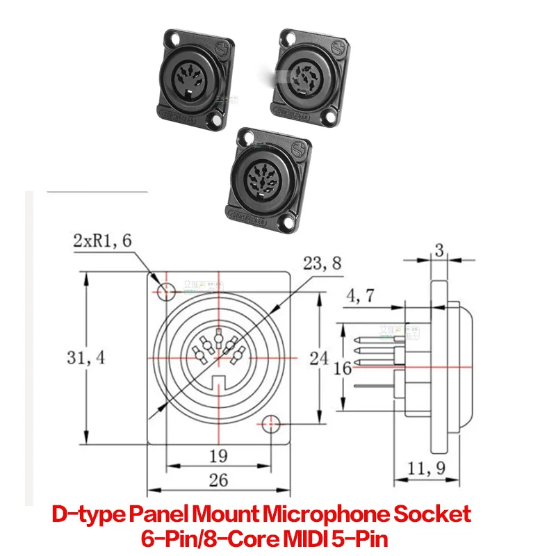 

D-type Panel Mount Hand-in-Hand Conference Microphone Socket 6-Pin/8-Core MIDI 5-Pin Connector for Multi-functional Conference