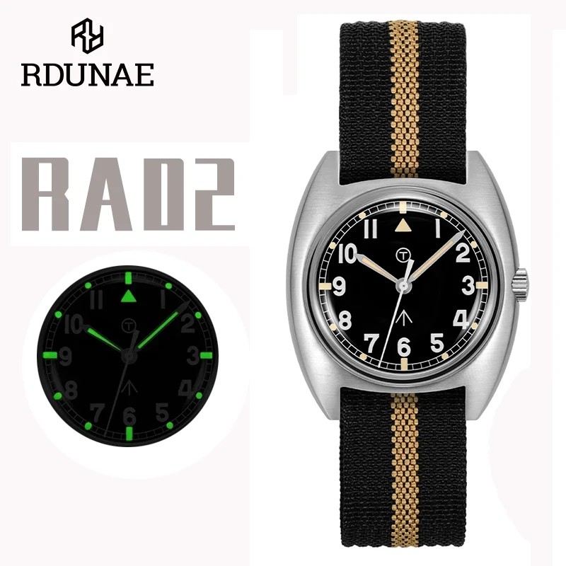 RDUNAE Retro zegarek wojskowy RA02 stal nierdzewna 316L Luminous K1 kryształ mineralny wodoodporny moda rozrywka 36mm zegarek kwarcowy