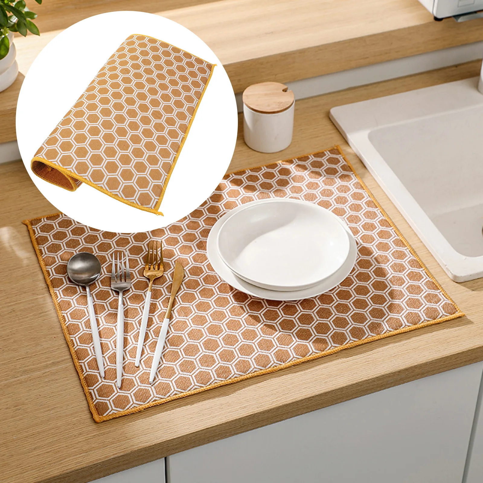 

Dish Drying Pad Kitchen Sink Mats 38x50cm Brown Circle Design Countertop Drying Mat Tableware Draining Cushion Bohemian Style