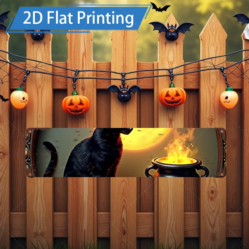 Letrero de Metal de 4x16 pulgadas para Halloween, letrero de Metal plano impreso 2D, decoración de gato negro y caldero, 1 ud.