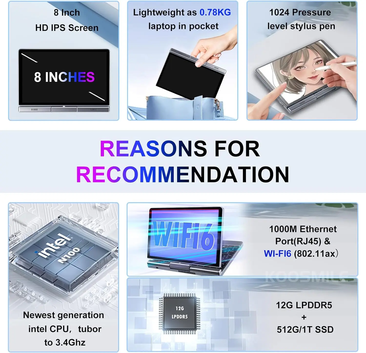 Portable Mini Laptop Windows 11 8 Inch Touch Screen Notebook N95 12GB+1TB IPS Netbook Win 11 Pro Mini PC Micro Computer