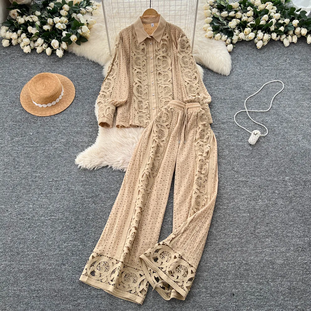 ALPHALMODA สไตล์ฝรั่งเศส ลูกไม้ปักกลวง ตัดแต่ง เสื้อเชิ้ตแขนยาว สำหรับผู้หญิง เอวสูง ชุดสูทกางเกงทรงตรง