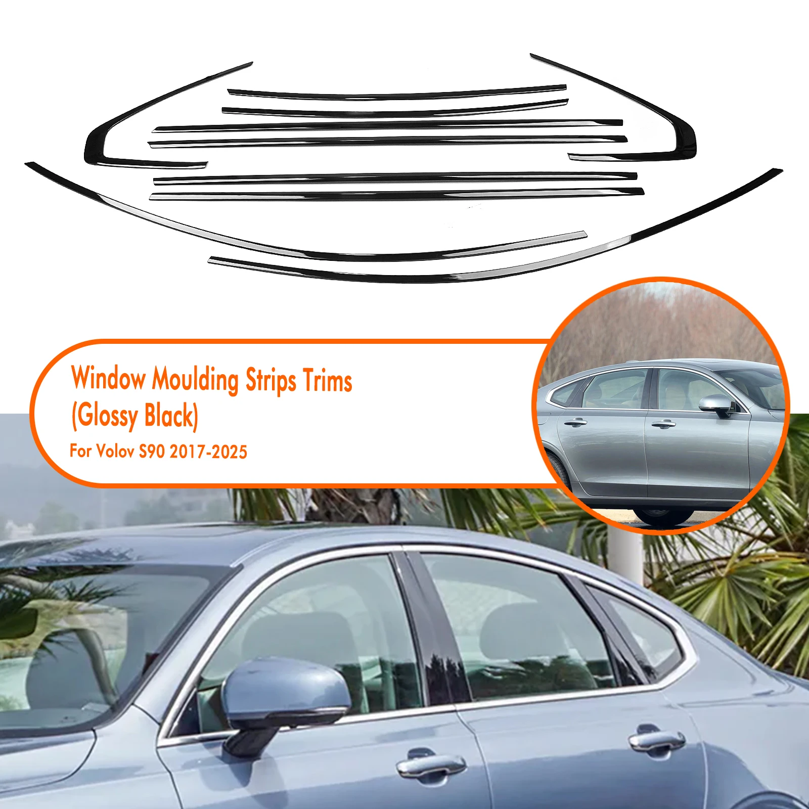 

Внешняя оконная полоса из нержавеющей стали, боковая накладка, наклеивание для Volvo S90 2017 2018 2019 2020 2021 2022 2023 2024 2025