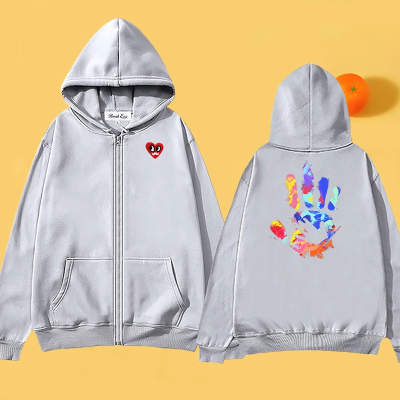 

Punk Graffiti Coloured Palm Printing Women Zipper Hoodie Polyester Red Eyes Beard Heart Embroidery Pocket Lady Loose Sweater