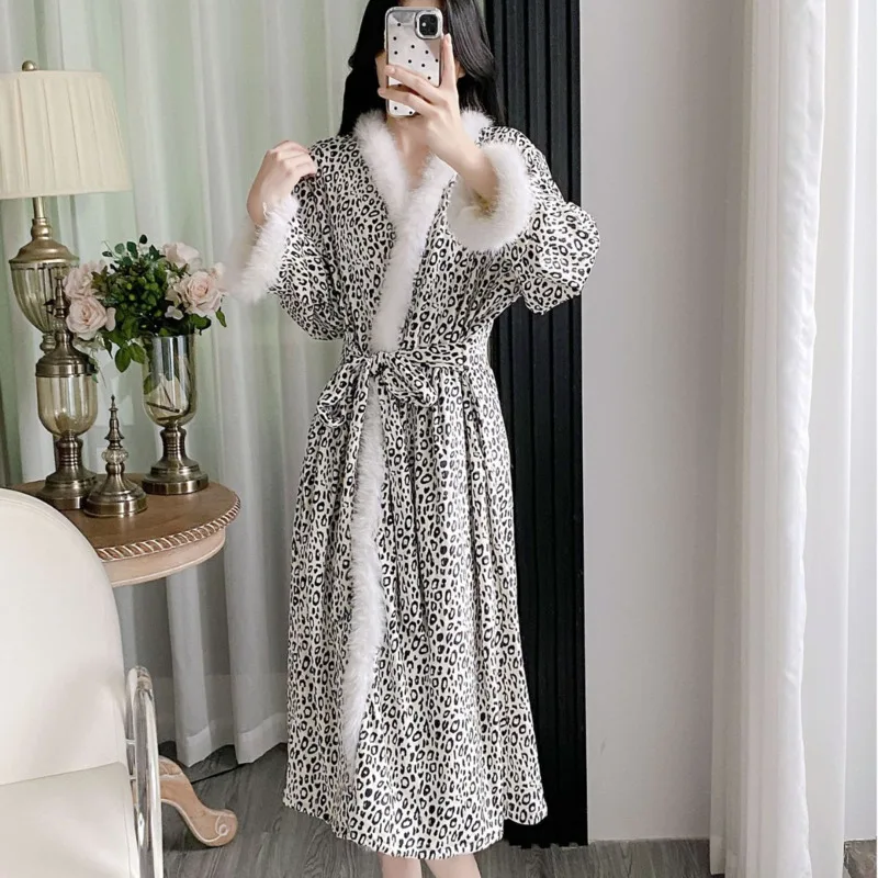 2025 Autumn Winter Women Sexy Warm Thick Leopard Island Velvet Long Sleeve Casual Comfortable Loose Nightgown Sleepwear Pajamas