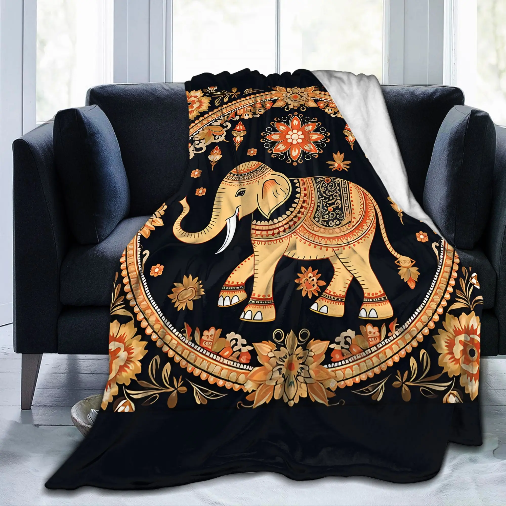 Modern Thai Elephant Floral Blanket Boho Indian Art Wool Soft Bedding Throw Blanket for Bedroom Winter Office Lightweight